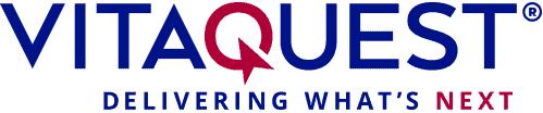 Vitaquest custom contract vitamin supplement manufacturer blue and red logo with slogan "DELIVERING WHAT’S NEXT" in blue and red