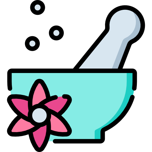 A simplified icon depicting a light blue mortar and pestle with a pink flower on the side, A simplified icon depicting a light blue mortar and pestle with a pink flower on the side,