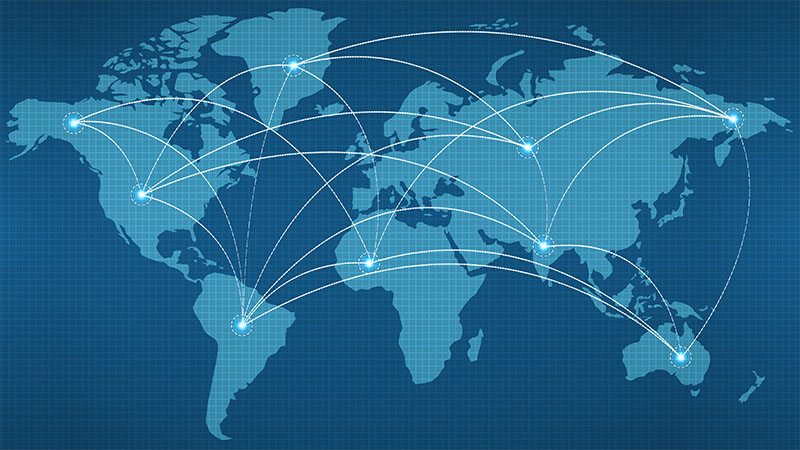 Digital world map with arcs connecting points, symbolizing Vitaquest's global manufacturing ingredients sources worldwide to create high-quality vitamin supplements and nutraceuticals