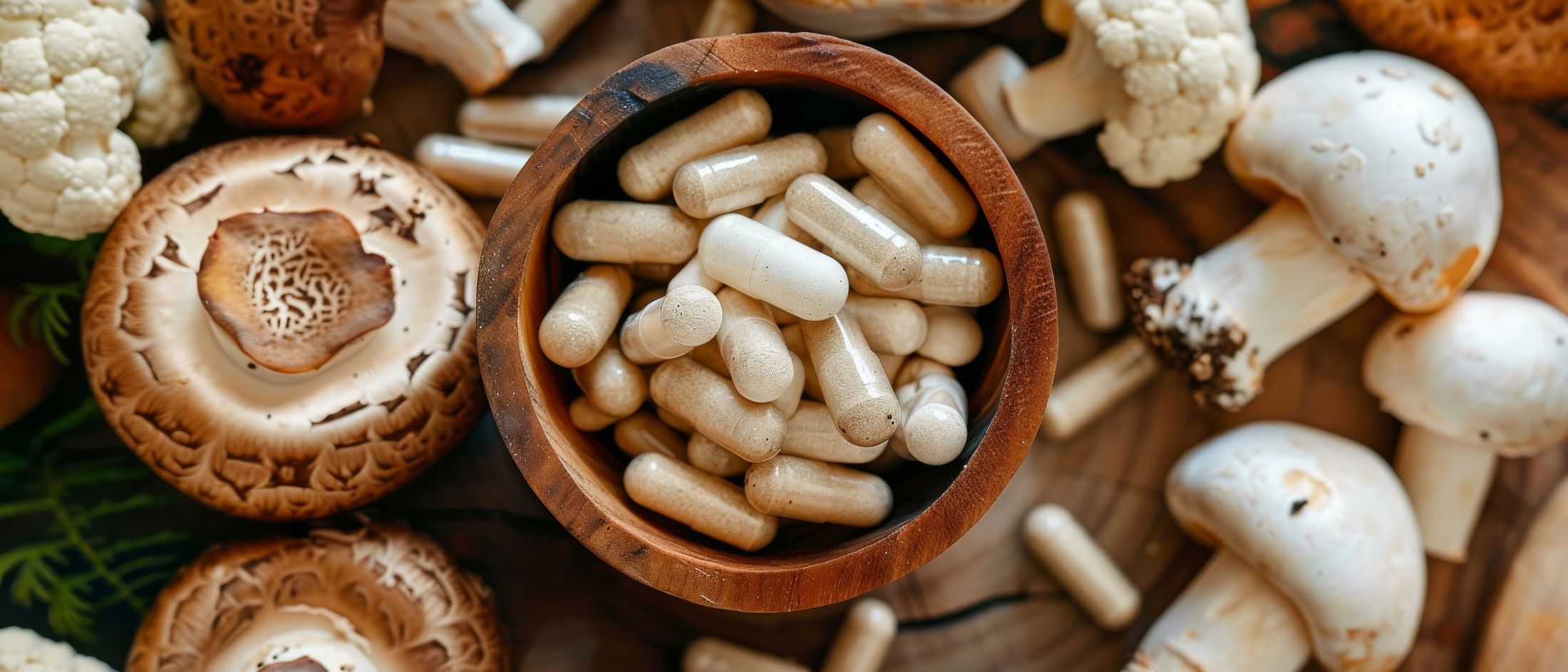 Various mushrooms and a bowl of supplements on a wooden surface, depicting natural supplements