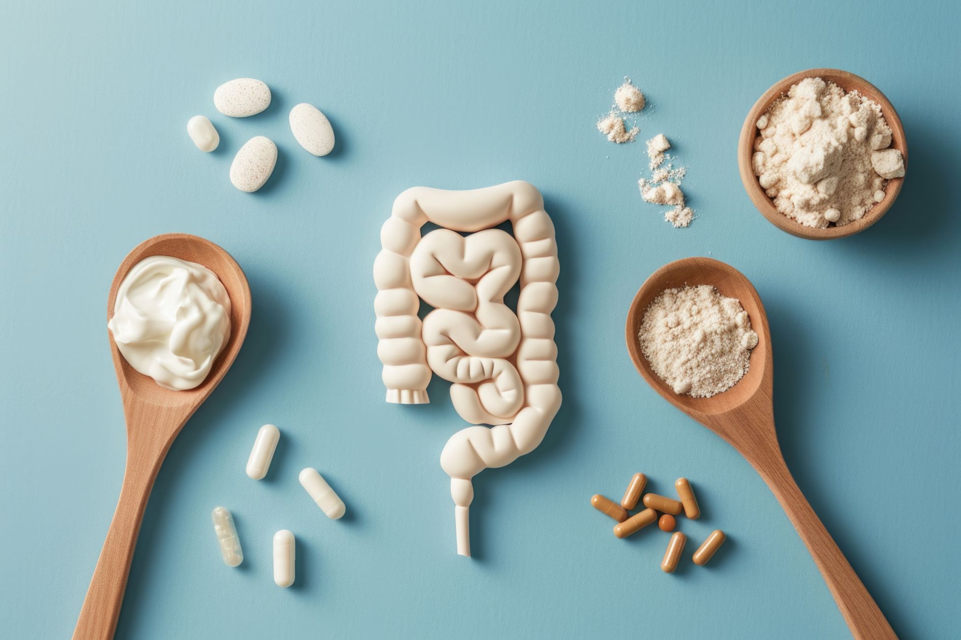 Intestine decorative model with various nutritional supplements. Healthy digestion concept, probiotics and prebiotics for microbiome intestine.