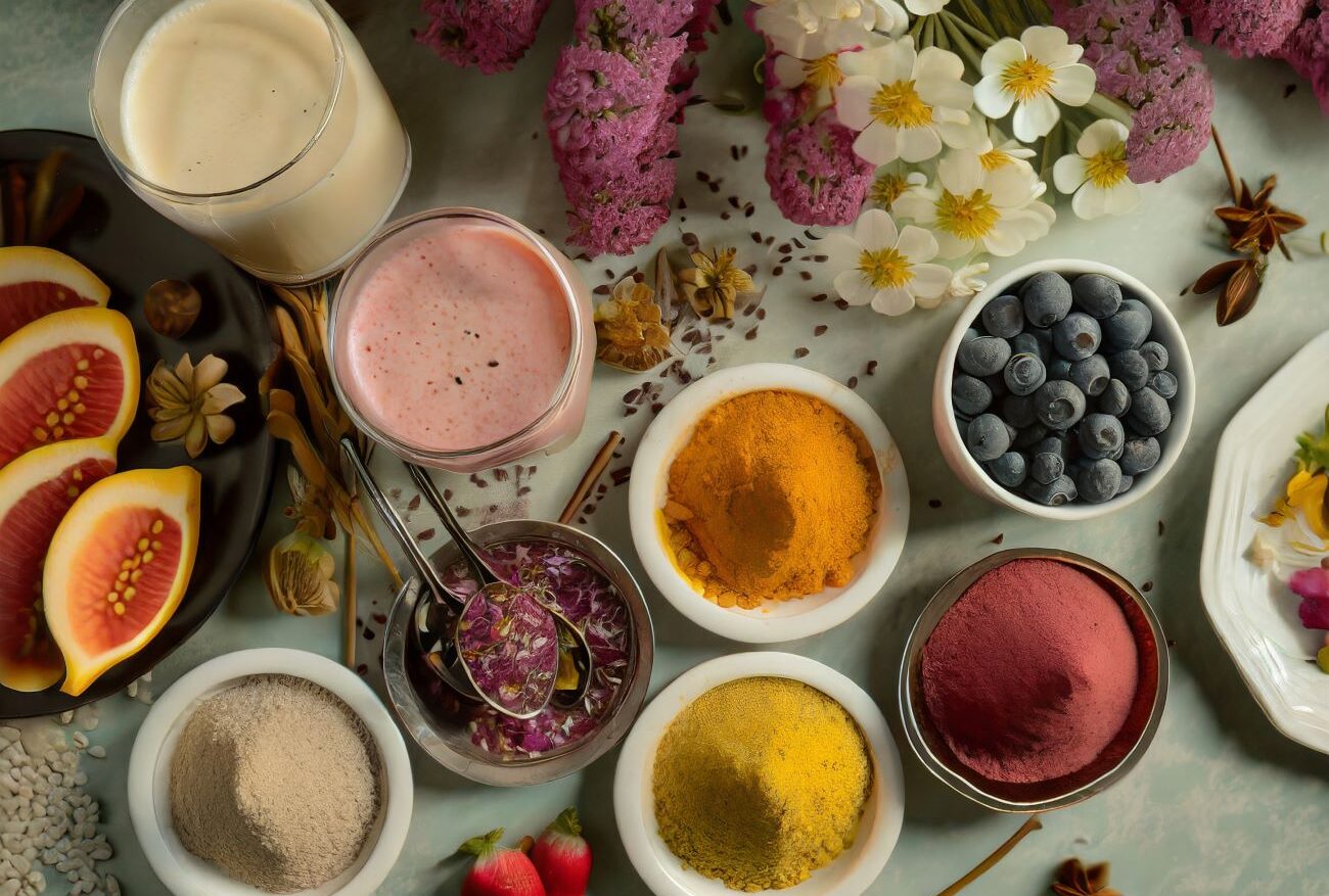 Spring 2024 flavoring trends showing flowers fruits protein colorful powders and drinks