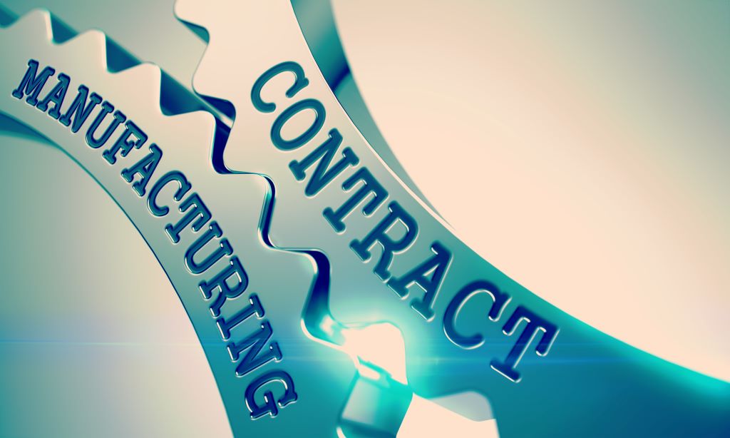 A graphic showing two gears - one says contract and the other manufacturing